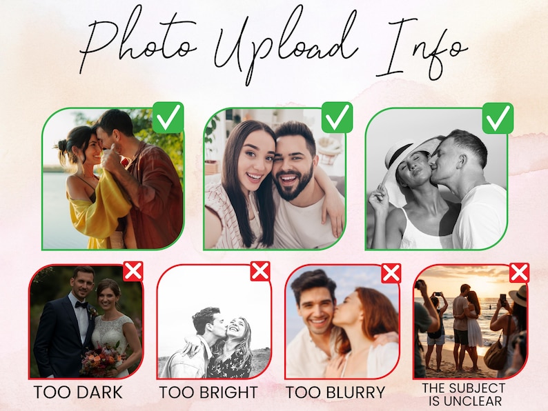 Puede incluir: Una imagen con el texto "Photo Upload Info" en fuente cursiva. El gr&aacute;fico muestra ejemplos de fotos aceptables e inaceptables, indicados con marcas de verificaci&oacute;n verdes y cruces rojas. Las fotos rechazadas est&aacute;n etiquetadas como "TOO DARK", "TOO BRIGHT", "TOO BLURRY" y "THE SUBJECT IS UNCLEAR".