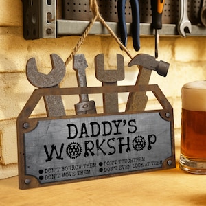 Rustic Daddy&#39;s Workshop Sign, Custom Father’s Day Gift for Dad, Personalized Garage Wall Decor, Man Cave Rules, Gift for Grandpa or Husband