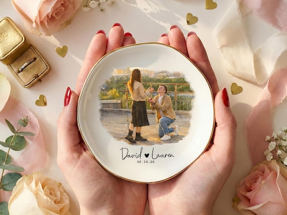 Personalized Photo Trinket Dish, Custom Ring Dish with Picture & Names, Valentine's Day Proposal Keepsake Plate, Wedding Gift for Couple