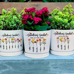 May include: Three white ceramic flower pots with saucers, each containing a different plant. The pots are decorated with floral designs and the text "Grandma's Garden". One pot has pink flowers, and two have green plants.