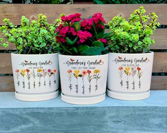 Custom Grandma’s Garden Planter, Personalized Pot with Kids Names & Birth Flowers, Mother’s Day Gift for Mom, Nana or Grandma, Family Pot