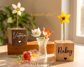 Personalized Glass Birth Month Flower, Hand Blown Glass Flower Bouquet with Vase, Custom Wood Stand, Birthday Gift for Her, Mom Gifts