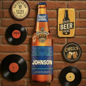May include: A beer bottle with a built-in bottle opener, the label reads "JOHNSON" and "BREWED FOR THOSE WHO KNOW WHAT FUN TASTES LIKE." The bottle is surrounded by vintage beer signs and vinyl records, all mounted on a brick wall.