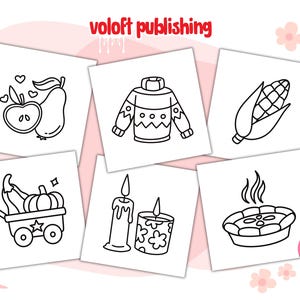 May include: Black and white line art illustrations of various fall-themed objects, including a pear and apple, a sweater, corn on the cob, a wagon with a pumpkin and eggplant, candles, and a pie. The text "voloft publishing" is at the top of the image.