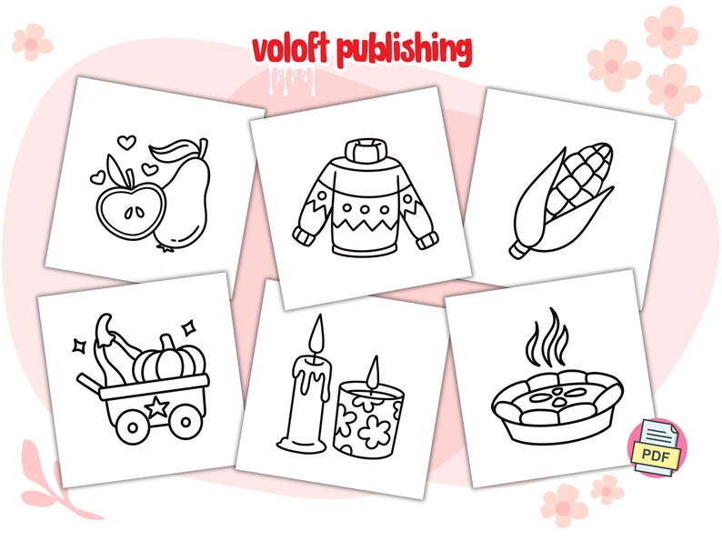 May include: Black and white line art illustrations of various fall-themed objects, including a pear and apple, a sweater, corn on the cob, a wagon with a pumpkin and eggplant, candles, and a pie. The text "voloft publishing" is at the top of the image.