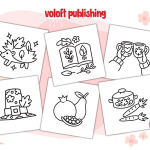 May include: A set of six black and white coloring pages featuring autumn-themed illustrations. The illustrations include a hedgehog, a book, two mugs, a hat, a pear and pomegranate, and a pot with carrots.