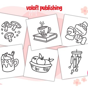 May include: A set of six black and white coloring pages featuring various autumnal themes, including mushrooms, a cup of tea, a book, mittens, a basket of apples, and a wind chime. The pages are labeled "voloft publishing" at the top.