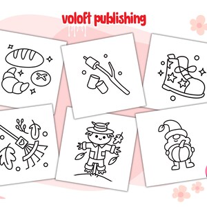 May include: A set of six black and white coloring pages featuring various illustrations, including a loaf of bread, a stick with marshmallows, a boot, a rake, a scarecrow, and a gnome. The text "voloft publishing" appears at the top of the image.