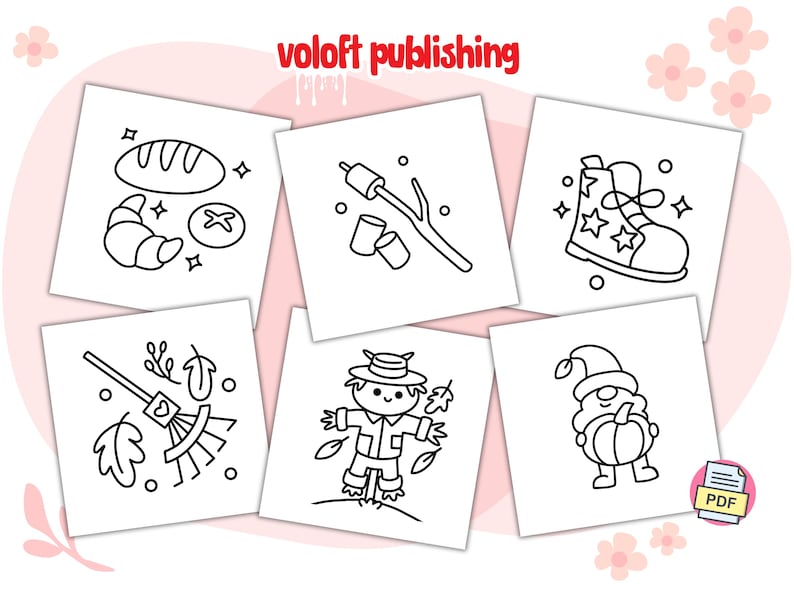 May include: A set of six black and white coloring pages featuring various illustrations, including a loaf of bread, a stick with marshmallows, a boot, a rake, a scarecrow, and a gnome. The text "voloft publishing" appears at the top of the image.