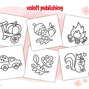 May include: Black and white coloring page featuring six different autumn-themed illustrations: a pumpkin in a wagon, a pile of leaves, an acorn, a campfire, a truck with a pile of leaves in the back, and a squirrel holding an acorn.