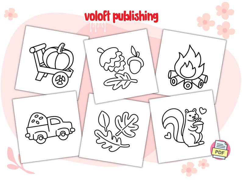 May include: Black and white coloring page featuring six different autumn-themed illustrations: a pumpkin in a wagon, a pile of leaves, an acorn, a campfire, a truck with a pile of leaves in the back, and a squirrel holding an acorn.