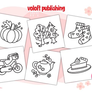 May include: Black and white coloring page featuring six different images: a pumpkin, a tree with leaves, a pair of socks, a bicycle, a teapot, and a slice of pie. The text "voloft publishing" is at the top of the page.