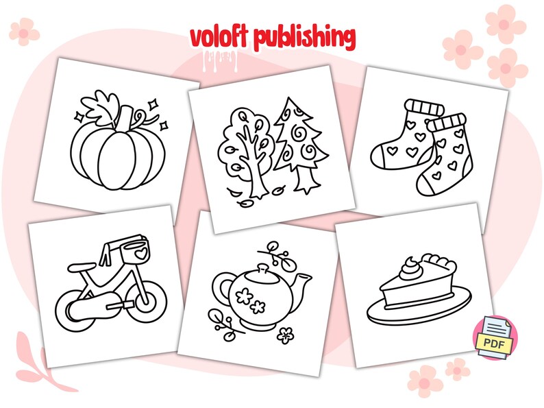 May include: Black and white coloring page featuring six different images: a pumpkin, a tree with leaves, a pair of socks, a bicycle, a teapot, and a slice of pie. The text "voloft publishing" is at the top of the page.