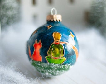 Hand Painted Glass Ornament / Little Prince and Fox Ornament /  Starry Night Ornament