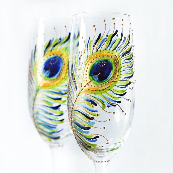Hand Painted Set of Two Champagne Flutes with Peacock Feathers Design