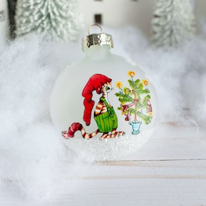 Hand painted Glass Ornament with Findus and Christmas Tree Scene