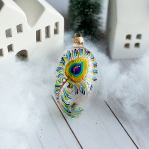 Hand painted Glass Egg Ornament with Peacock Feather