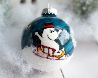 MADE TO ORDER / Hand Painted Glass Ornament / Moominpappa on sled