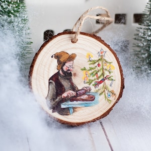 Hand Painted Pettson Gingerbread Cookies Scene on Natural Wood Slice Ornament
