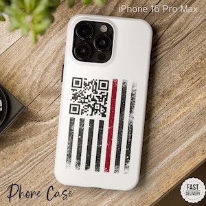 May include: White iPhone 16 Pro Max phone case featuring a distressed American flag design with a QR code. The flag has a red stripe down the centre.