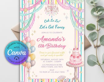 May include: A birthday invitation card featuring a striped background in pastel colours, a chandelier illustration, a cluster of balloons, and a tiered cake on a pedestal. The text reads Ooh La La! Let's Get Fancy, Amanda's 6th Birthday, and event details.