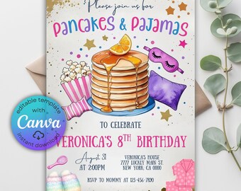 Pancakes and Pajamas Birthday Invitation, Pajamas & Pancakes Sleepover Party Invite, PJs Slumber Popcorn Pink Invitation, Canva Template