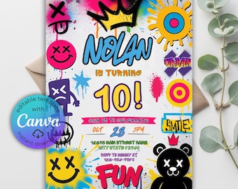 Invitación de cumpleaños con grafiti, arte callejero urbano, pintura en aerosol neón (descarga digital)