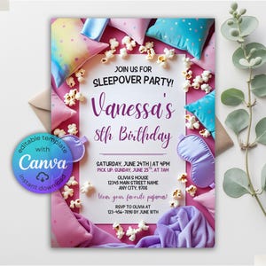 Sleepover Birthday Invitation, Sleepover Invitation, Slumber Party Invitation, Pajama Party Birthday Invite, Pajama Invite, Canva Template