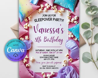 Invito di compleanno per pigiama party, modello Canva modificabile (download digitale)