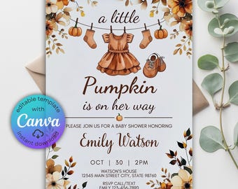 Little Pumpkin Baby Shower Invitation, Boho Clothesline Invite (Digital Download)