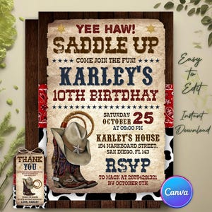 Invito Country Western, invito compleanno Cowboy, legno rustico, invito Far West, invito compleanno Rodeo, modello Canva modificabile