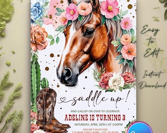 Girl Horse Birthday Invitation, Cowgirl Birthday Invitation, Cowgirl Party Invite, Cowgirl Invitation, Pink Floral Horse Invitation, Canva