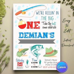 Fishing Birthday Invitation, Fish Party Invitation, Fish Birthday Invitation, Fishing Boy Birthday, Reel in the fun, Editable Canva Template