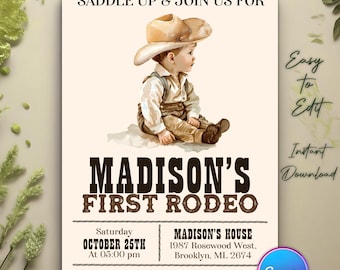 First Rodeo Invitation Template, Wild West Birthday Invite, Cowboy Birthday Invitation, My 1st Rodeo Invitation, Editable Canva Template