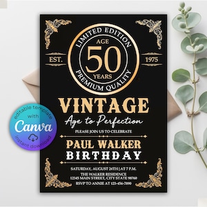 Può includere: Invito di compleanno per il 50° in nero e oro con il testo "Limited Edition Age 50 Years Premium Quality Vintage". L'invito include il nome "Paul Walker" e i dettagli dell'evento.