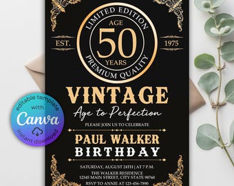 Vintage Aged to Perfection Birthday Invitation, Whiskey Label (Digital Download)
