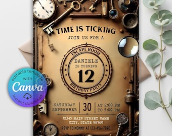 Escape Room Birthday Invitation, Mystery Detective Game (Editable Canva Template)