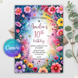 May include: A floral birthday invitation with a watercolor design. The invitation features a colorful border of pink, purple, and yellow flowers. The text reads "Amelia's 10th birthday" with event details. A Canva template is available.
