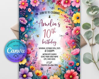 Wildflower Birthday Invitation, Boho Garden Party, Spring Theme (Printable Canva Template)