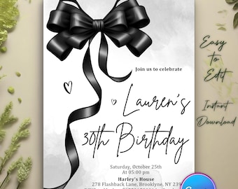 Black Bow Birthday Invitation, Minimalist Black Bow Birthday Invite, Watercolor Black Ribbon, Black Ribbon Coquette 30th 40th 50th Birthday