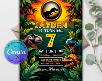 Modello di invito di compleanno a tema dinosauro, invito per festa a tema T-Rex (modello Canva)