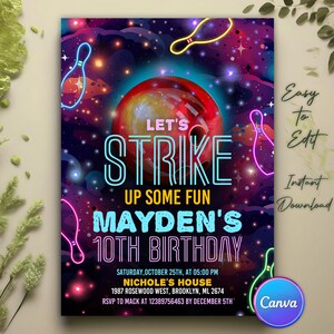 Editable Bowling Birthday Invitation, Bowling Party Invitation, Strike Up Some Fun Birthday Party Invitations, Any Age Birthday Party Invite