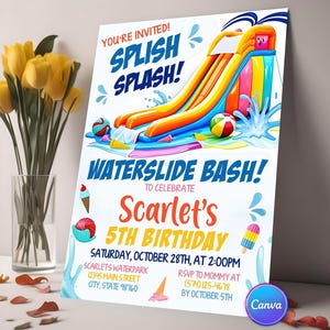 Kids Birthday Bash,
editable waterslide,
girl summer party,
Birthday Invitation, Waterslide Birthday Invitation, Water Slide Invitation, Splash Pad Summer Pool Party Invite, Waterslide Birthday Bash, Canva Template