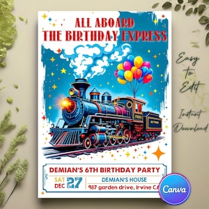Editable Train Birthday Invitation Template, Train Printable Invite, Toy Train Invitation for any age, All Aboard Boys Birthday Invite