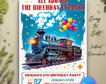 Editable Train Birthday Invitation Template, Train Printable Invite, Toy Train Invitation for any age, All Aboard Boys Birthday Invite