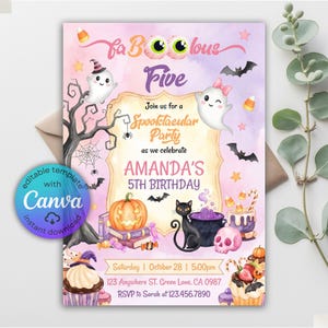 May include: A Halloween-themed birthday invitation template featuring ghosts, a black cat, a pumpkin, and a skull on a pastel watercolor background. The text reads faBOOlous Five, Join us for a Spooktacular Party, AMANDA'S 5TH BIRTHDAY, and event details.