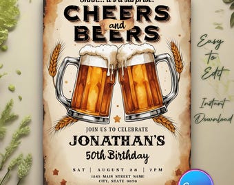 May include: A vintage-style birthday party invitation with a watercolor illustration of two beer mugs clinking together. The text reads "Shhh... it's a surprise! Cheers and Beers. Join us to celebrate Jonathan's 50th Birthday. Sat | August 28 | 7pm. 1245 Main Street Name, City, State 9870. RSVP at 123-456-7890."