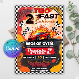 Può includere: Un invito di compleanno vivace a tema auto da corsa. Il design presenta un'auto sportiva rossa in fiamme, bandiere a scacchi e il testo "TWO FAST Curious". Include i dettagli dell'evento e un logo del modello Canva.