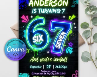Faire-part d'anniversaire Six Seven, invitation à une fête graffiti néon 6-7, j'avais 6 ans maintenant j'ai 7 ans Six Seven Meme, 6-7 garçons, modèle de toile modifiable