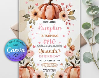 Pumpkin First Birthday Invitation, Autumn Girl Party (Editable Canva Template)